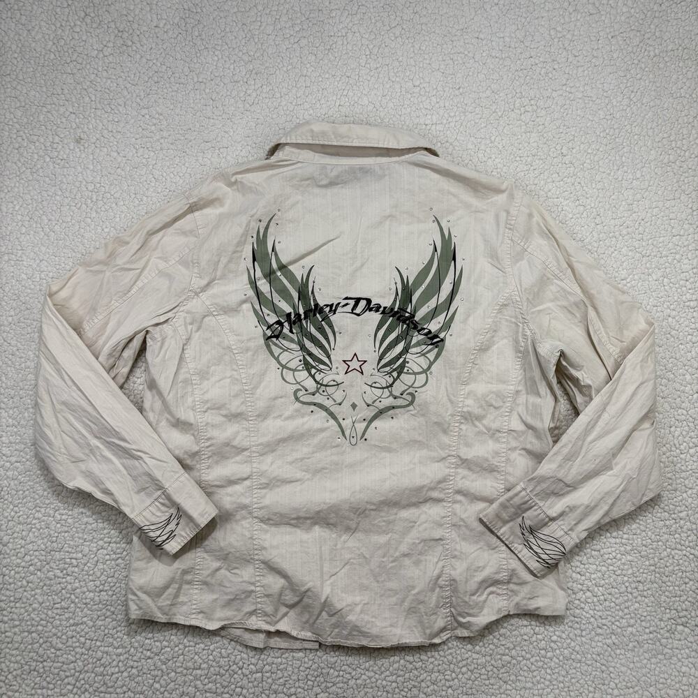 Harley Davidson Button Blouse Top Long Sleeve‎ Womens 1W Ivory Wings Rhinestone